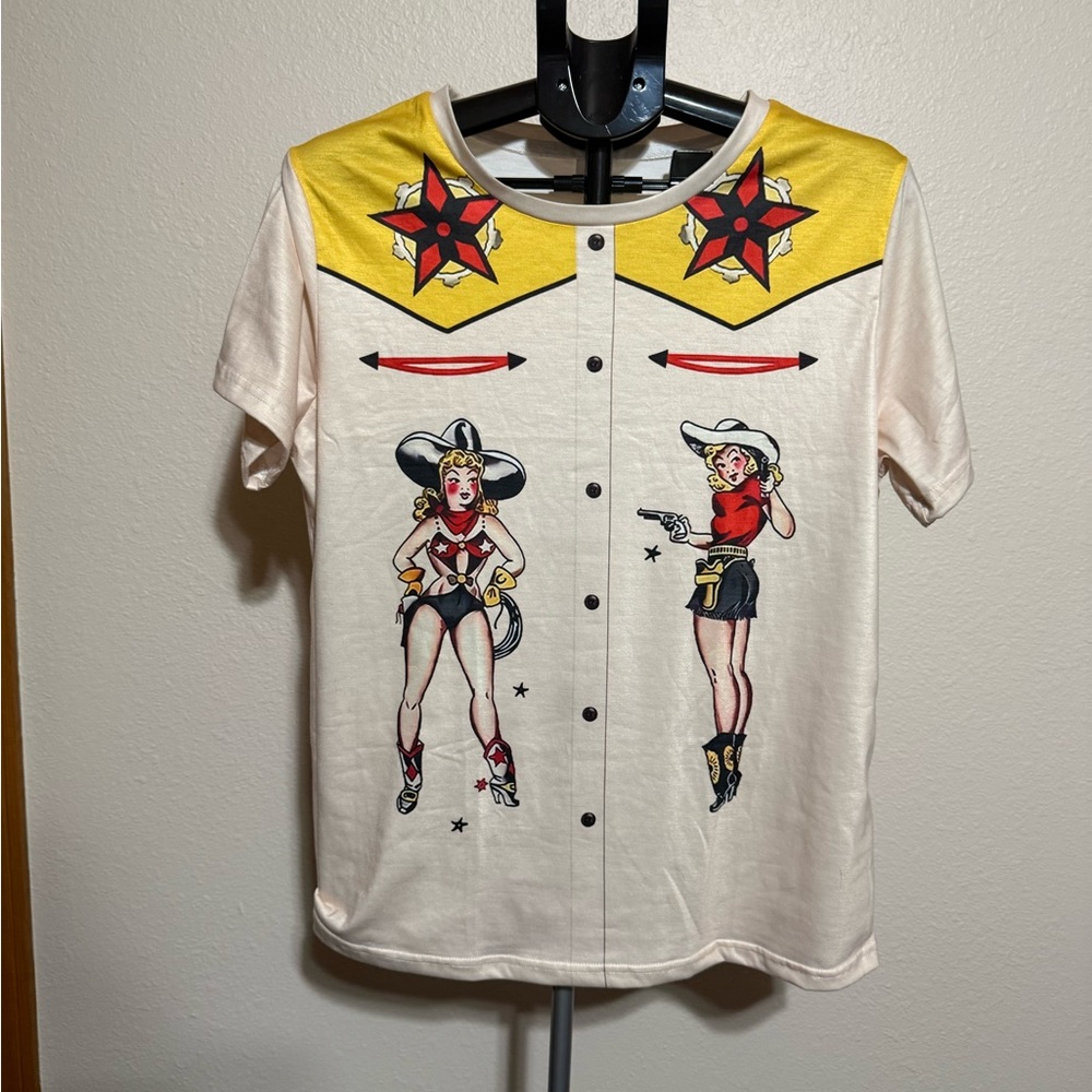 Women's Western Graphic Tee - Yellow and‎ White